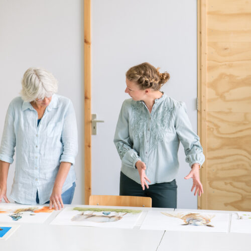 Twee vrouwen bekijken aquarelillustraties van dieren uitgespreid op een tafel in een houten atelier